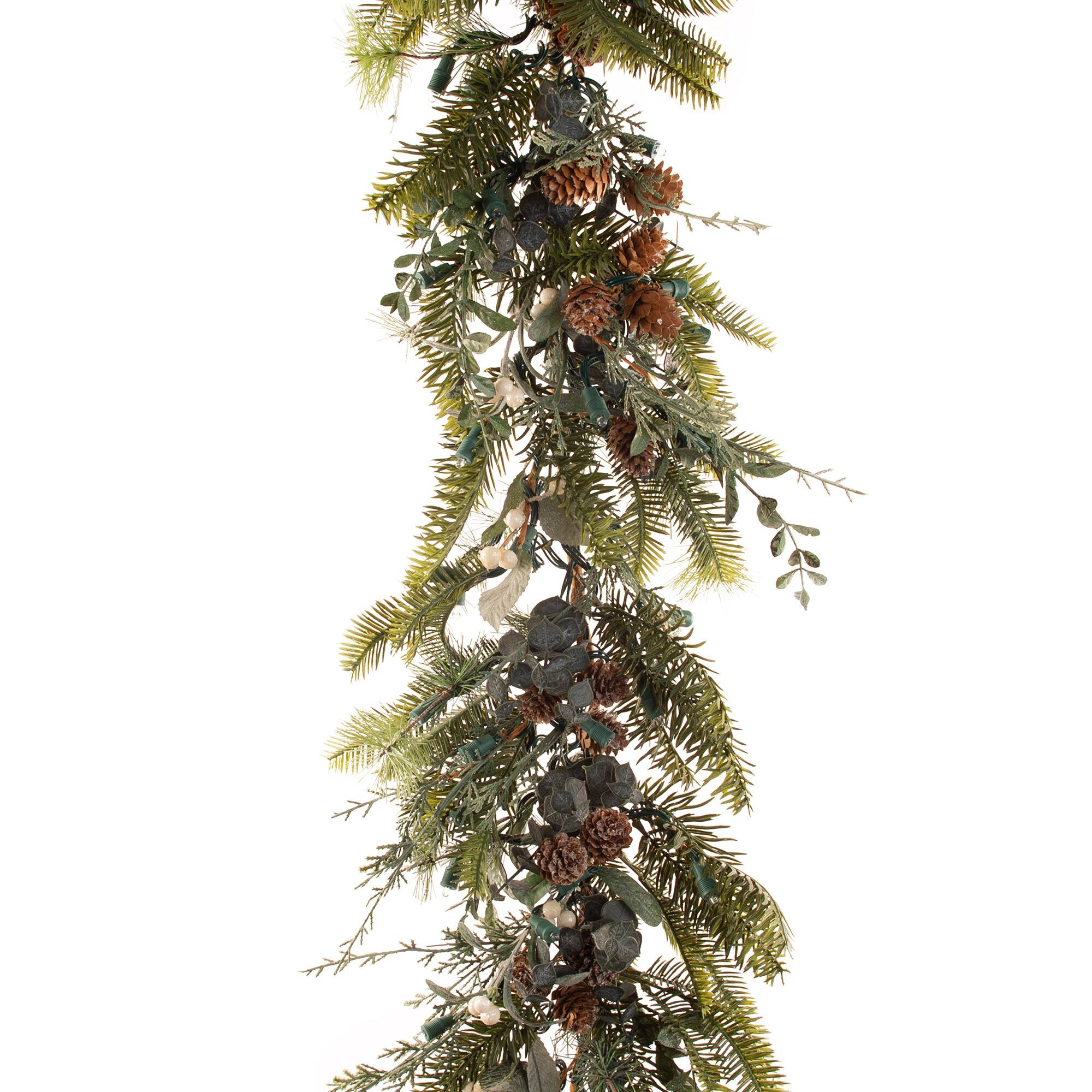 Village Lighting 9ft. Pre-Lit LED Rustic White Berry Christmas Garland